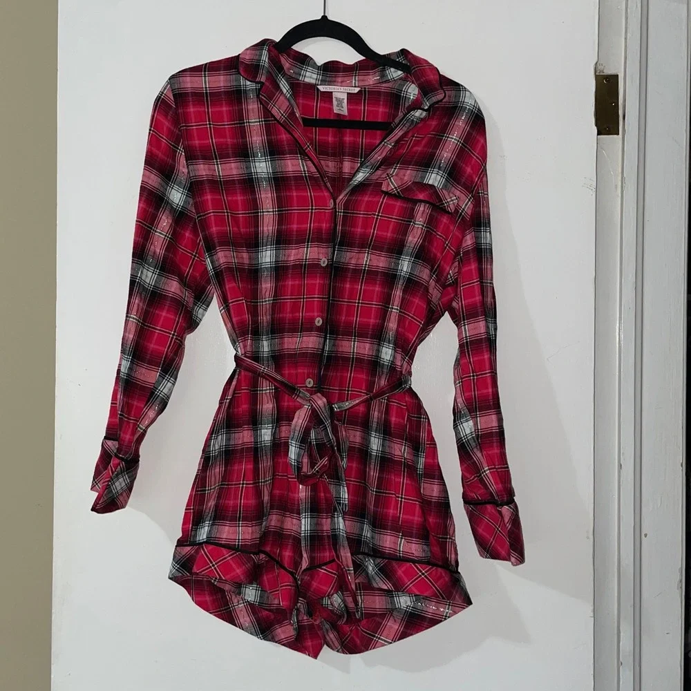 Victoria's Secret Plaid Flannel Pajama Romper Tie Red Black Pink Silver Size M - Picture 1 of 12